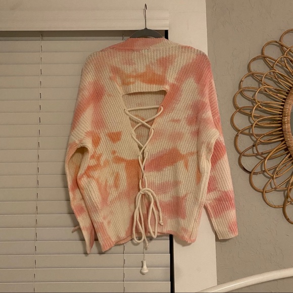 NWOT Orange/pink tie dye sweater with lace-up back - Picture 4 of 5